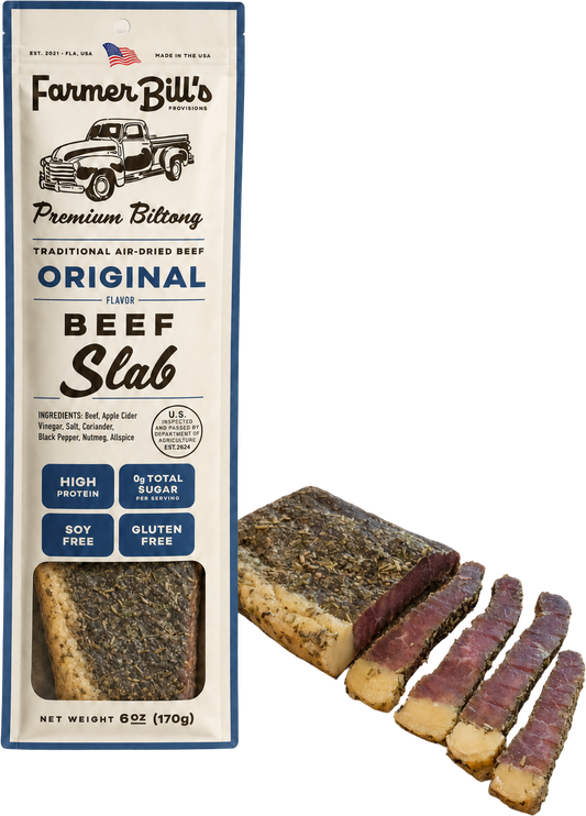 Farmer Bill's Original Beef Slab biltong with sliced pieces