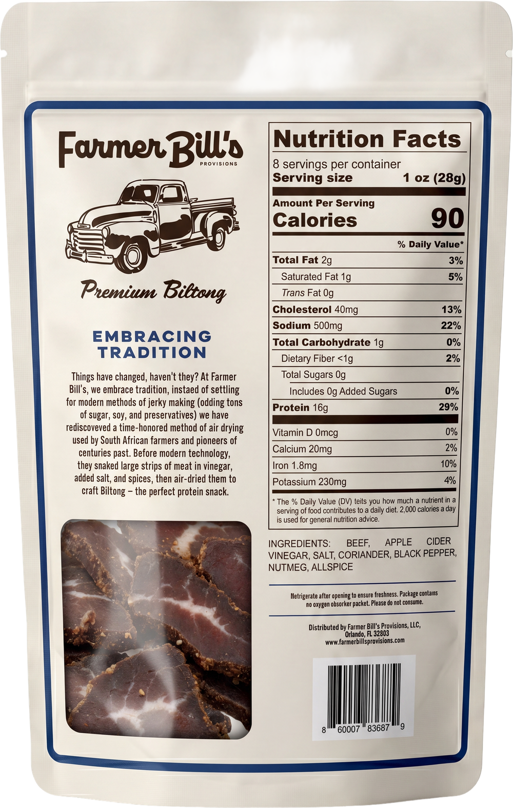 Farmer Bill's Original Beef Slices package back — nutrition facts and ingredients