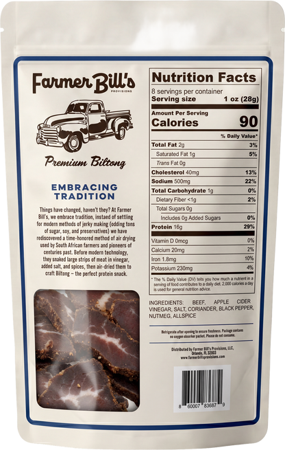 Farmer Bill's Original Beef Slices package back — nutrition facts and ingredients