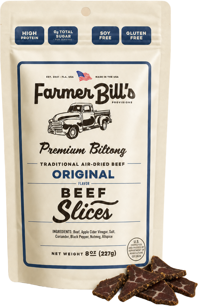Farmer Bill's Original Beef Slices biltong package with loose slices