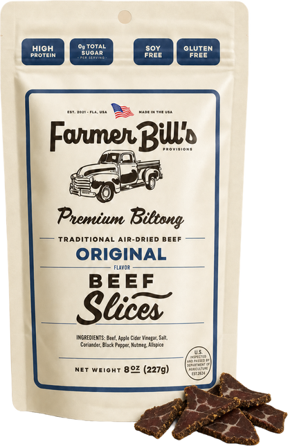 Farmer Bill's Original Beef Slices biltong package with loose slices