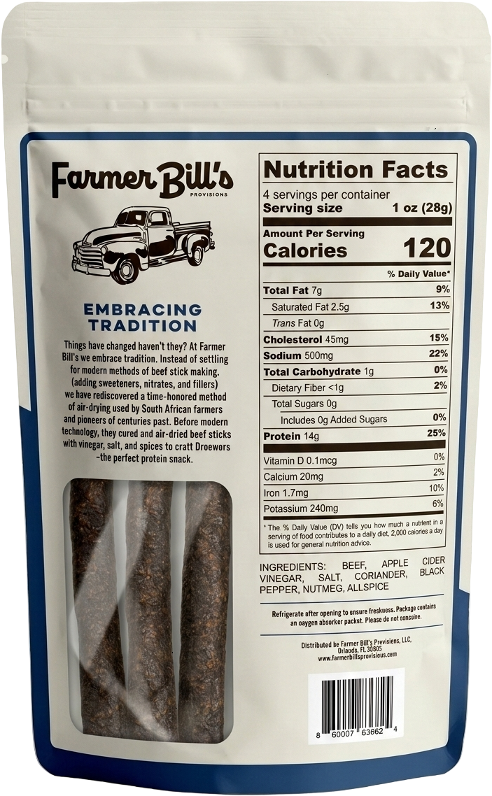 Farmer Bill's Original Beef Sticks package back — nutrition facts and ingredients
