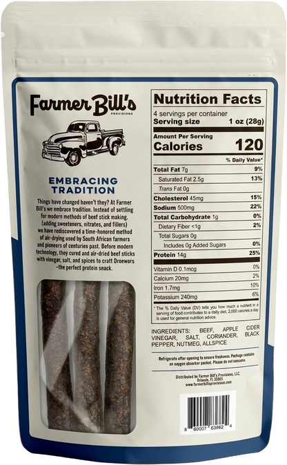 Farmer Bill's Original Beef Sticks package back — nutrition facts and ingredients