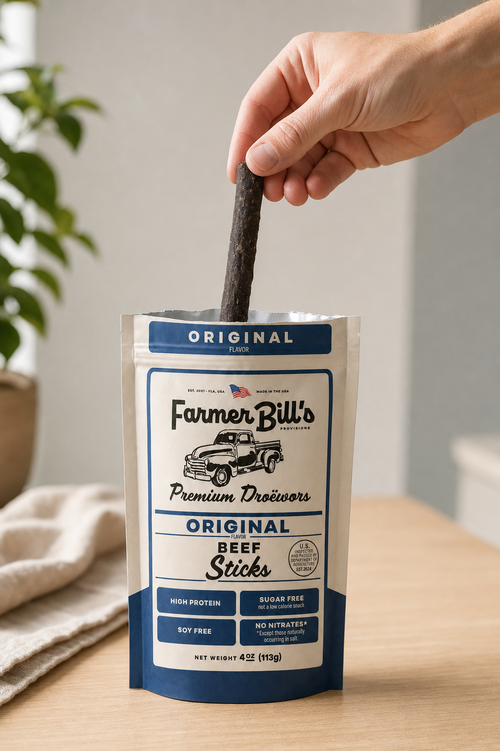 Farmer Bill's Original Beef Sticks — pulling a stick from the resealable pouch