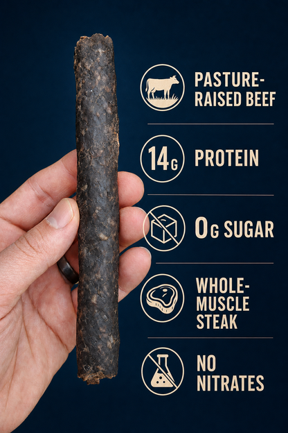 Farmer Bill's Original Beef Sticks — pasture-raised beef, 14g protein, 0g sugar, whole-muscle steak, no nitrates