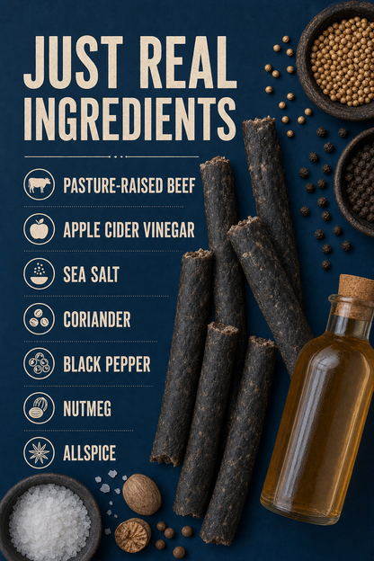 Farmer Bill's Original Beef Sticks ingredients — pasture-raised beef, apple cider vinegar, sea salt, coriander, black pepper