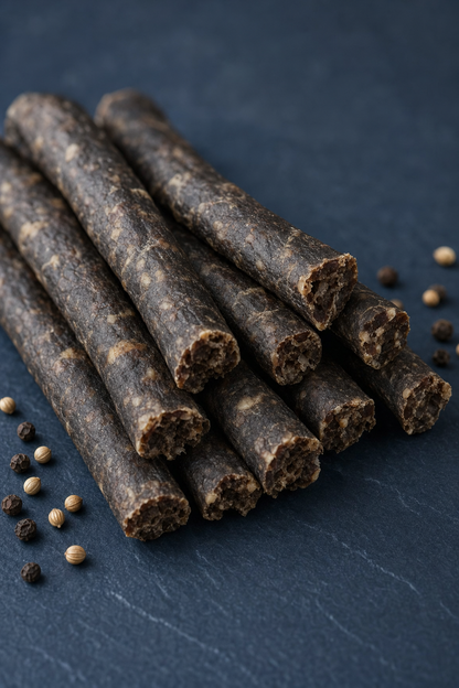 Farmer Bill's Original Beef Sticks — close-up side view of the air-dried whole-muscle sticks