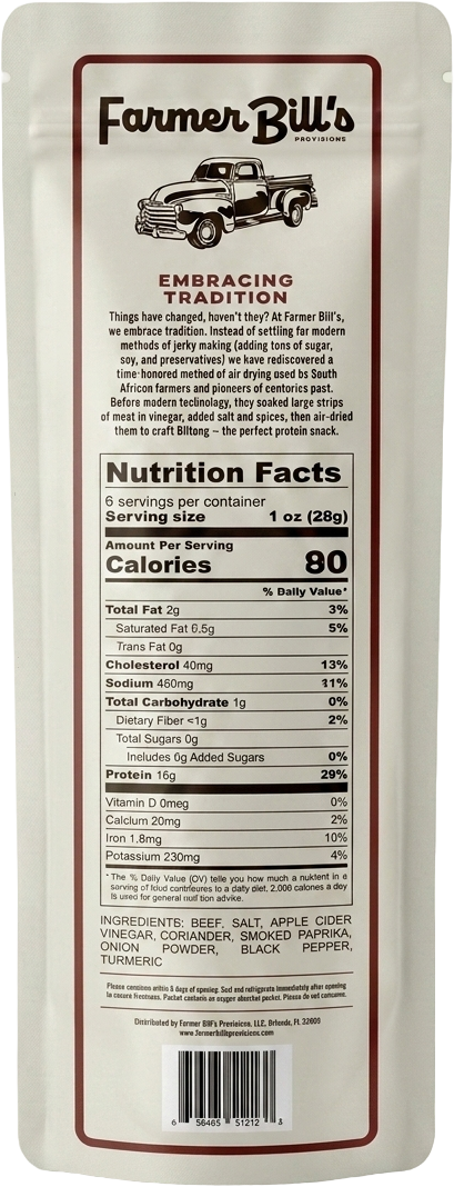 Farmer Bill's Smokehouse Beef Slab package back — nutrition facts and ingredients