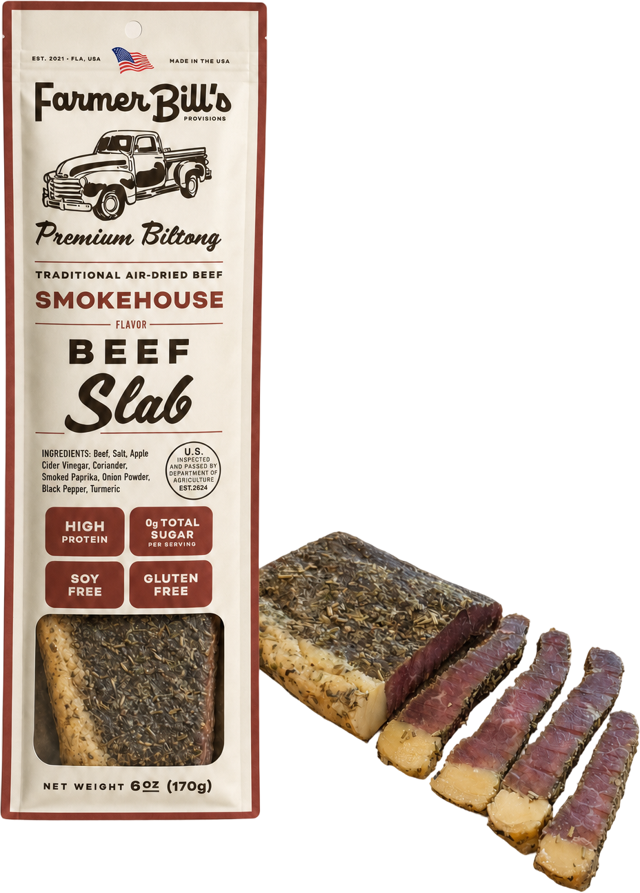Farmer Bill's Smokehouse Beef Slab biltong with sliced pieces