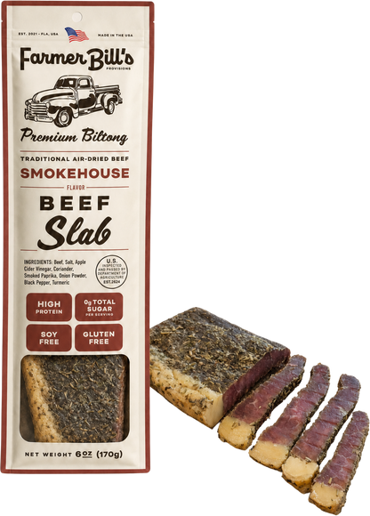 Farmer Bill's Smokehouse Beef Slab biltong with sliced pieces