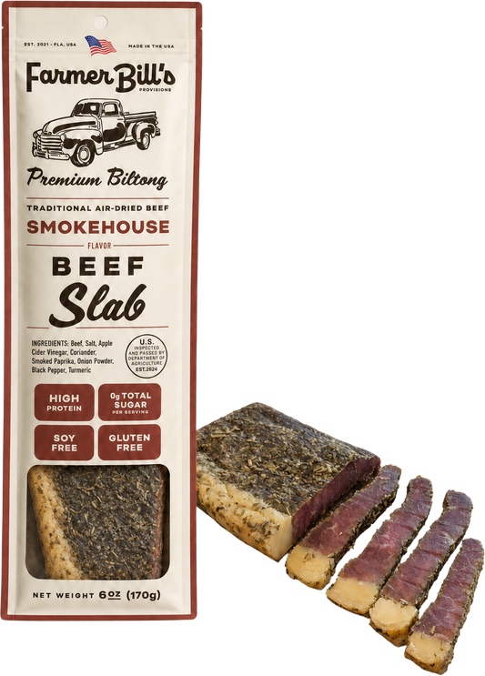 Farmer Bill's Smokehouse Beef Slab biltong with sliced pieces