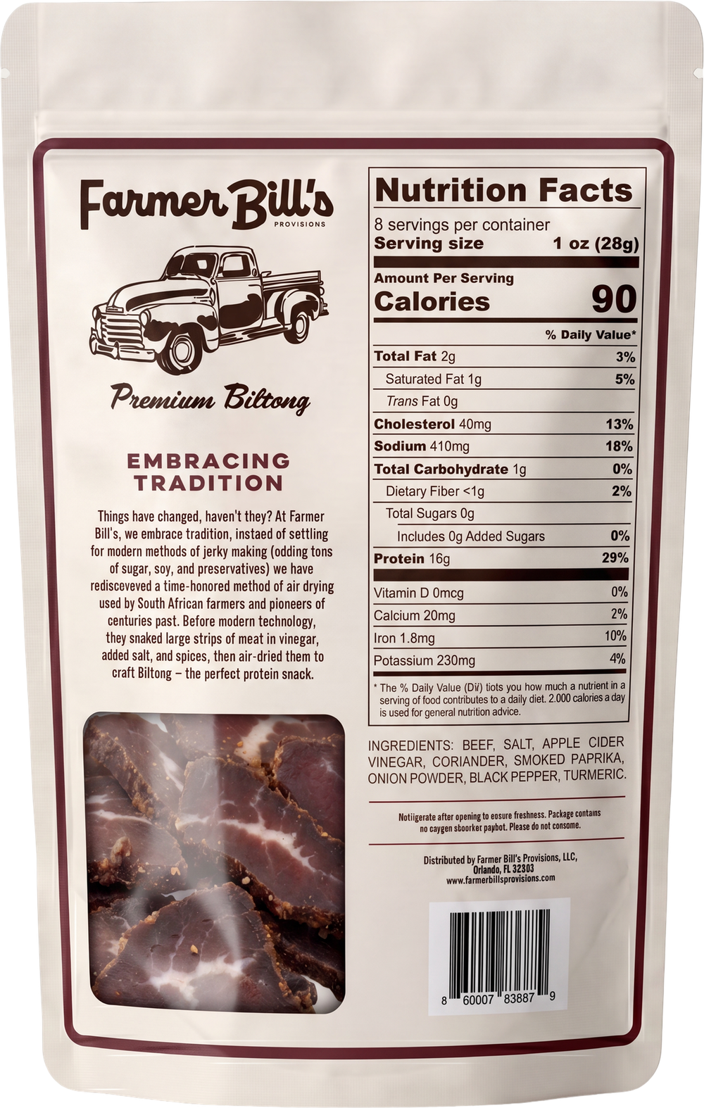Farmer Bill's Smokehouse Beef Slices package back — nutrition facts and ingredients