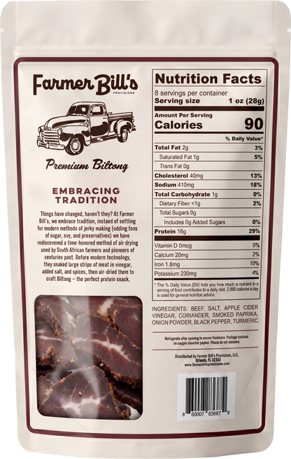 Farmer Bill's Smokehouse Beef Slices package back — nutrition facts and ingredients