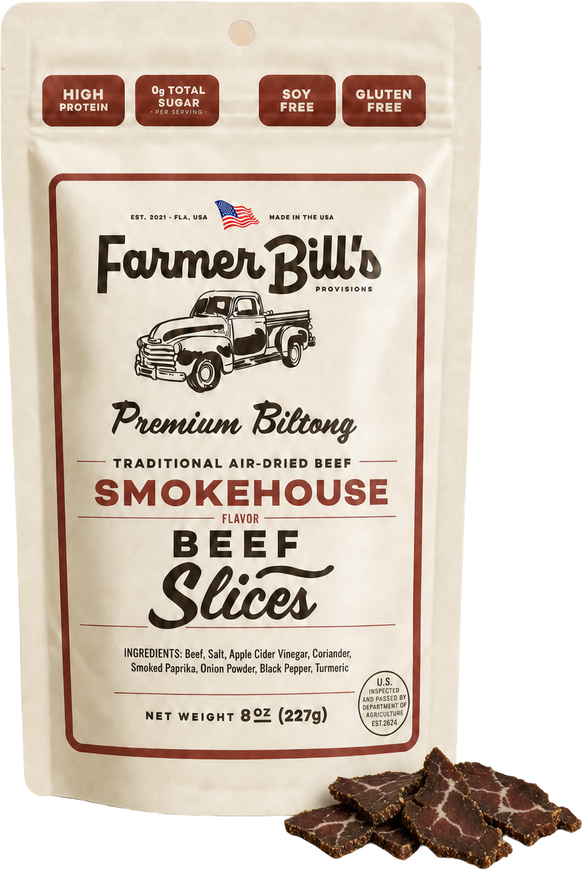 Farmer Bill's Smokehouse Beef Slices biltong package with loose slices