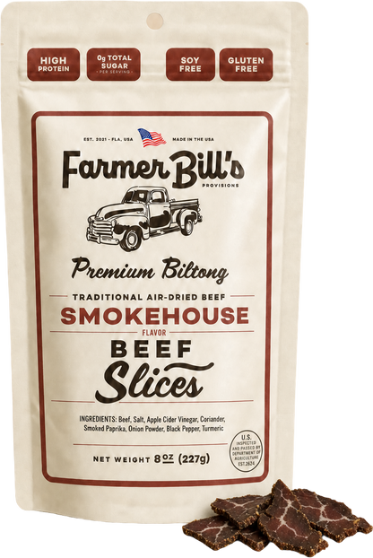 Farmer Bill's Smokehouse Beef Slices biltong package with loose slices