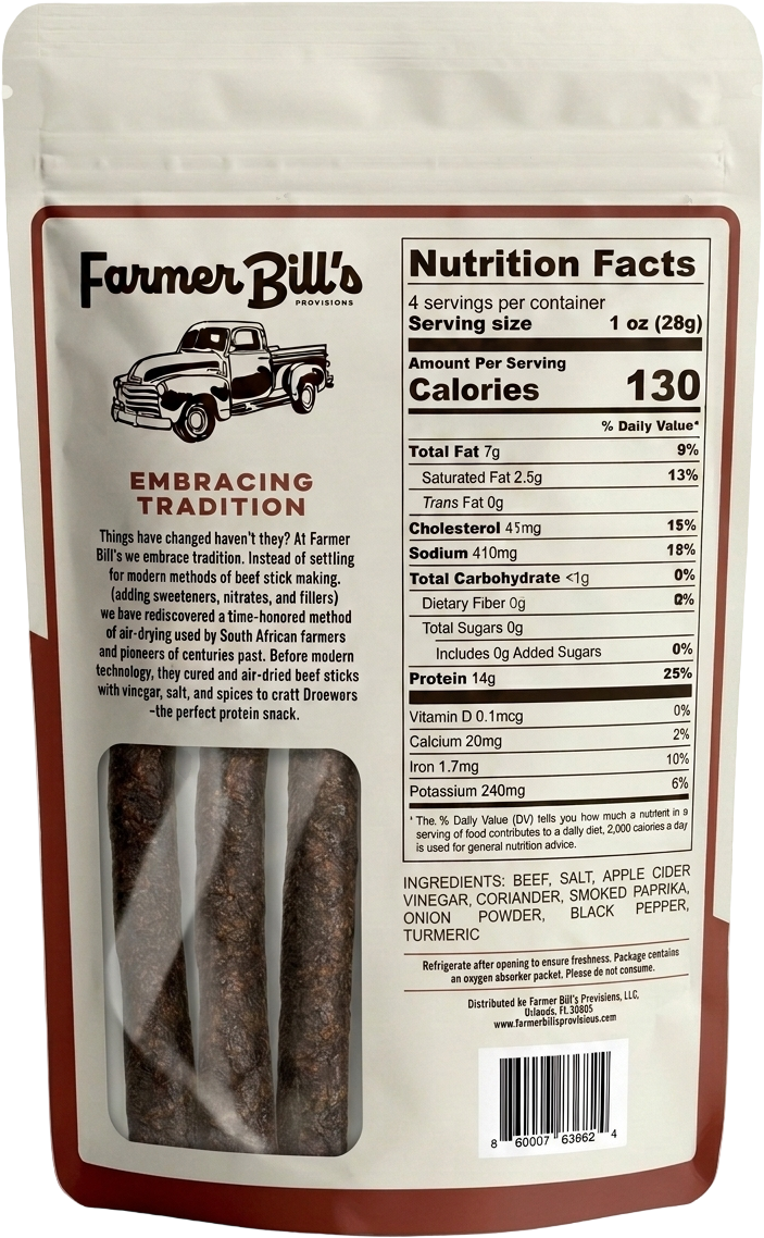 Farmer Bill's Smokehouse Beef Sticks package back — nutrition facts and ingredients