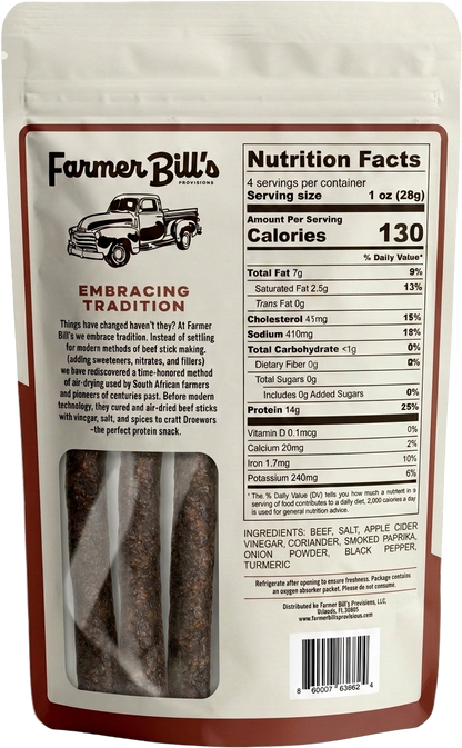 Farmer Bill's Smokehouse Beef Sticks package back — nutrition facts and ingredients