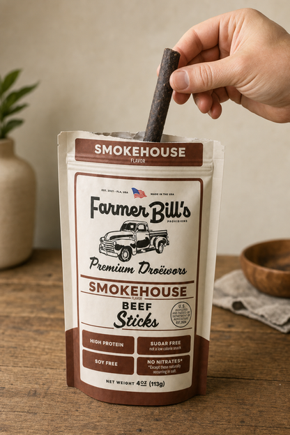 Farmer Bill's Smokehouse Beef Sticks — pulling a stick from the resealable pouch