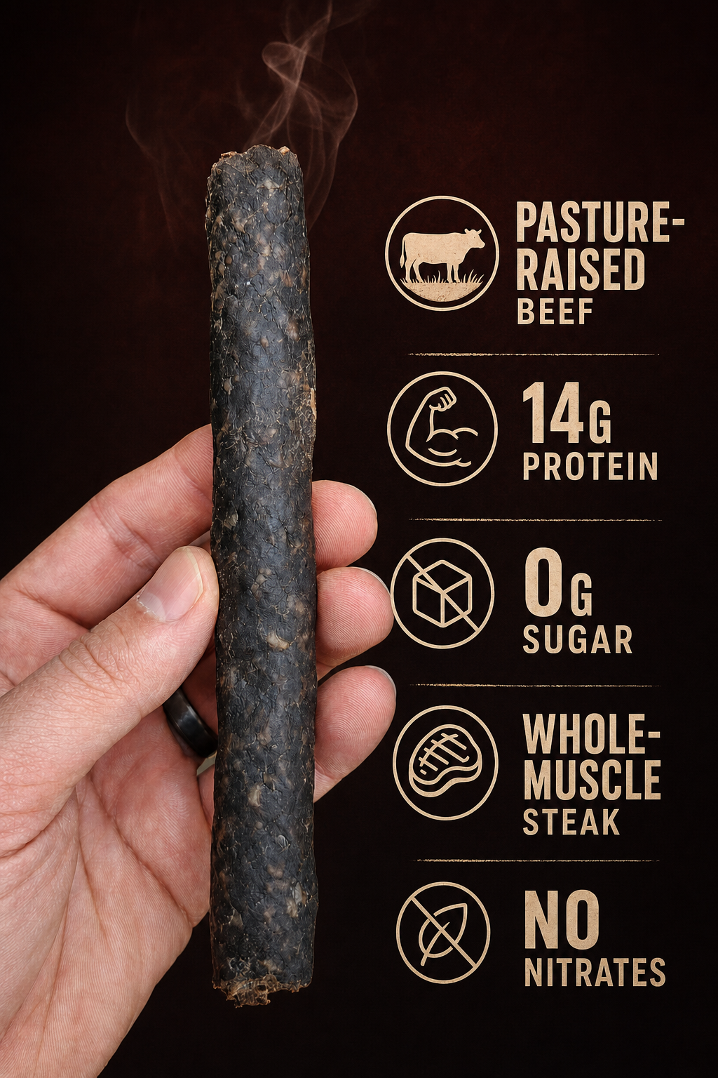 Farmer Bill's Smokehouse Beef Sticks — pasture-raised beef, 14g protein, 0g sugar, whole-muscle steak, no nitrates
