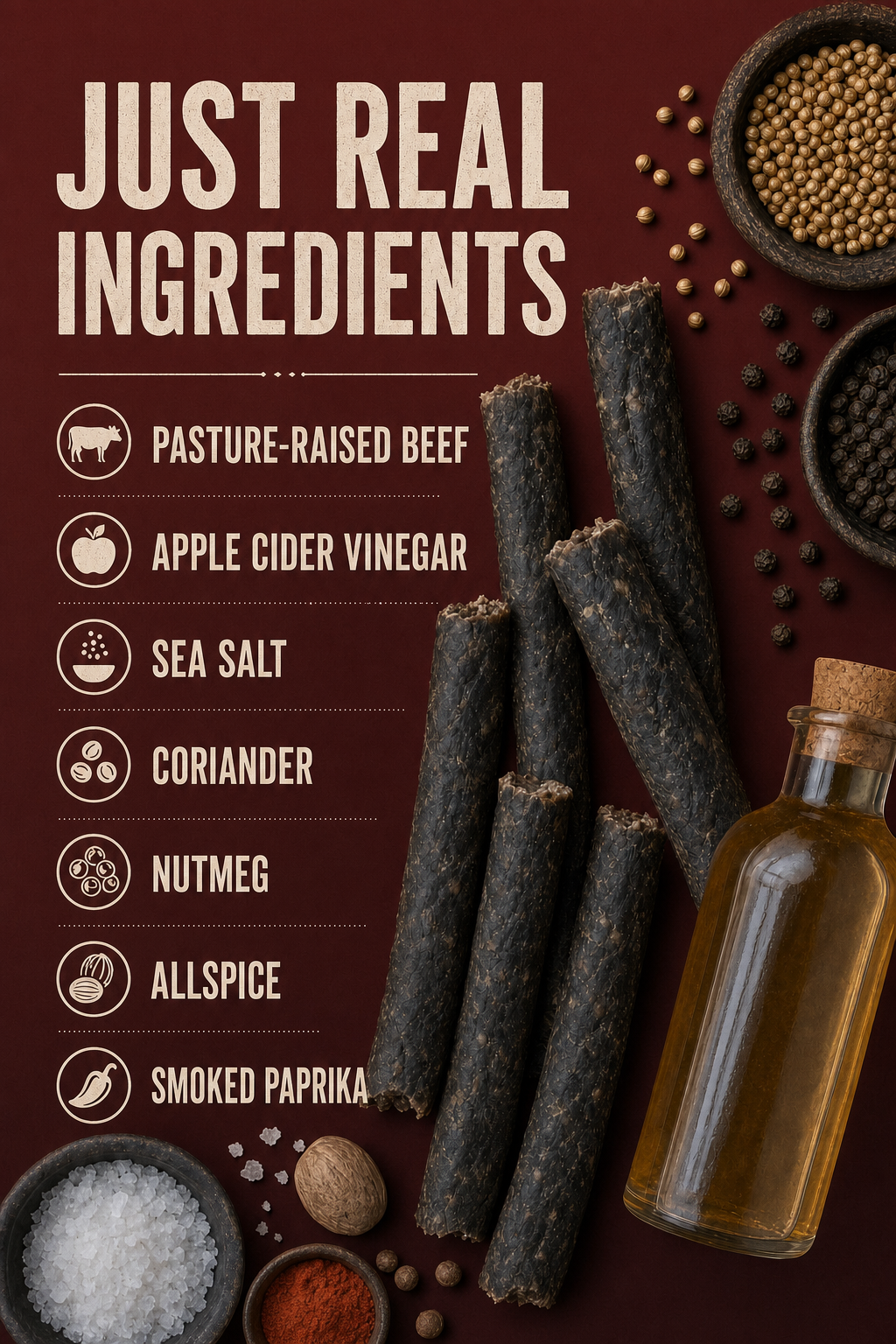 Farmer Bill's Smokehouse Beef Sticks ingredients — pasture-raised beef, apple cider vinegar, sea salt, coriander, black pepper