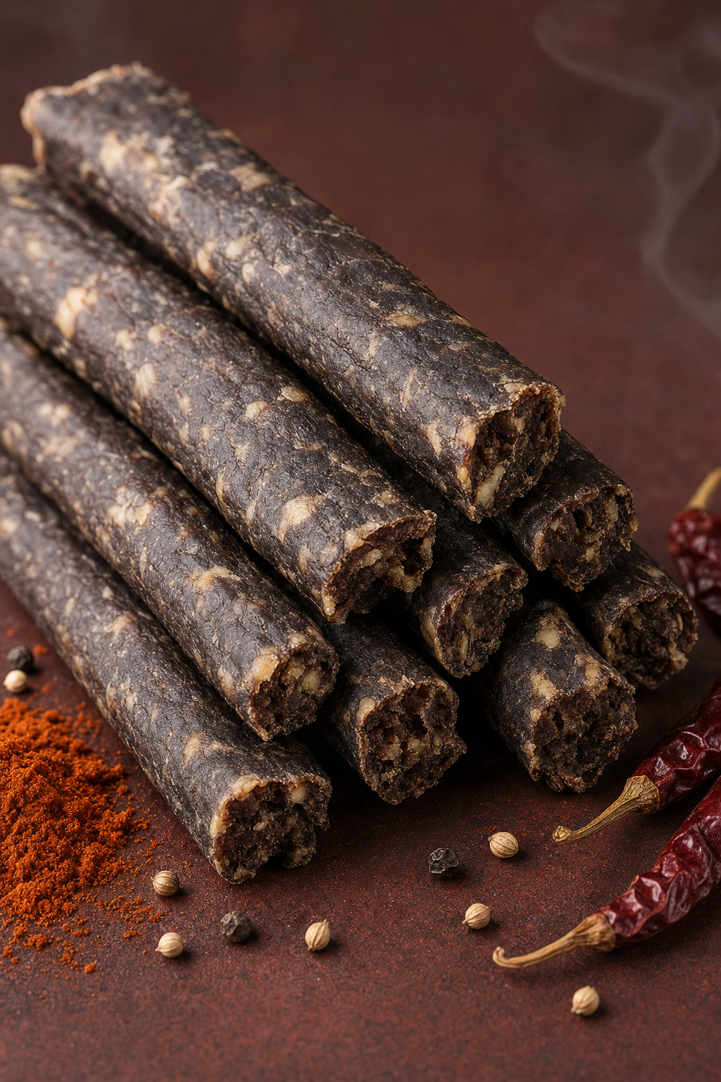 Farmer Bill's Smokehouse Beef Sticks — close-up side view of the air-dried whole-muscle sticks