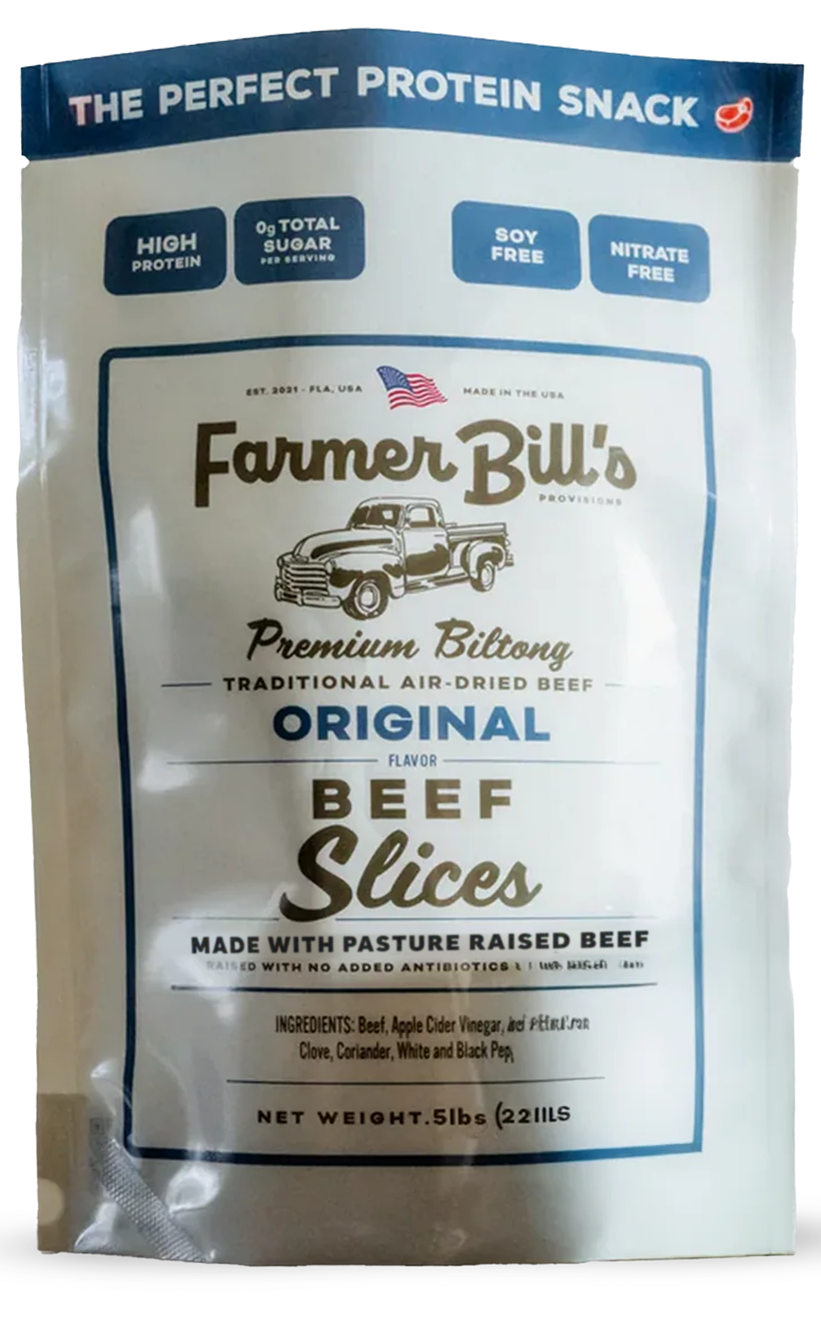 Farmer Bill's Original Flavor beef biltong slices package front displaying high protein and sugar-free badges.
