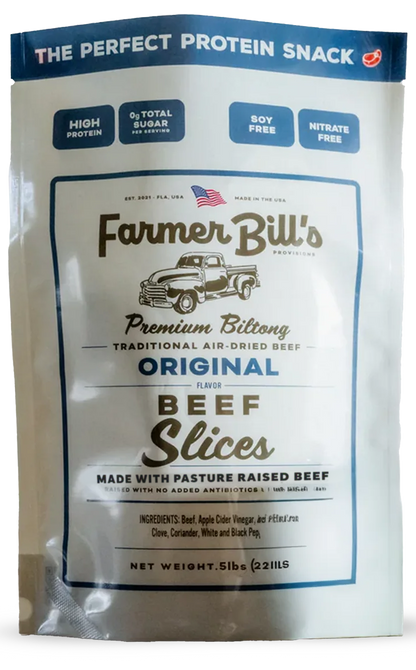 Farmer Bill's Original Flavor beef biltong slices package front displaying high protein and sugar-free badges.