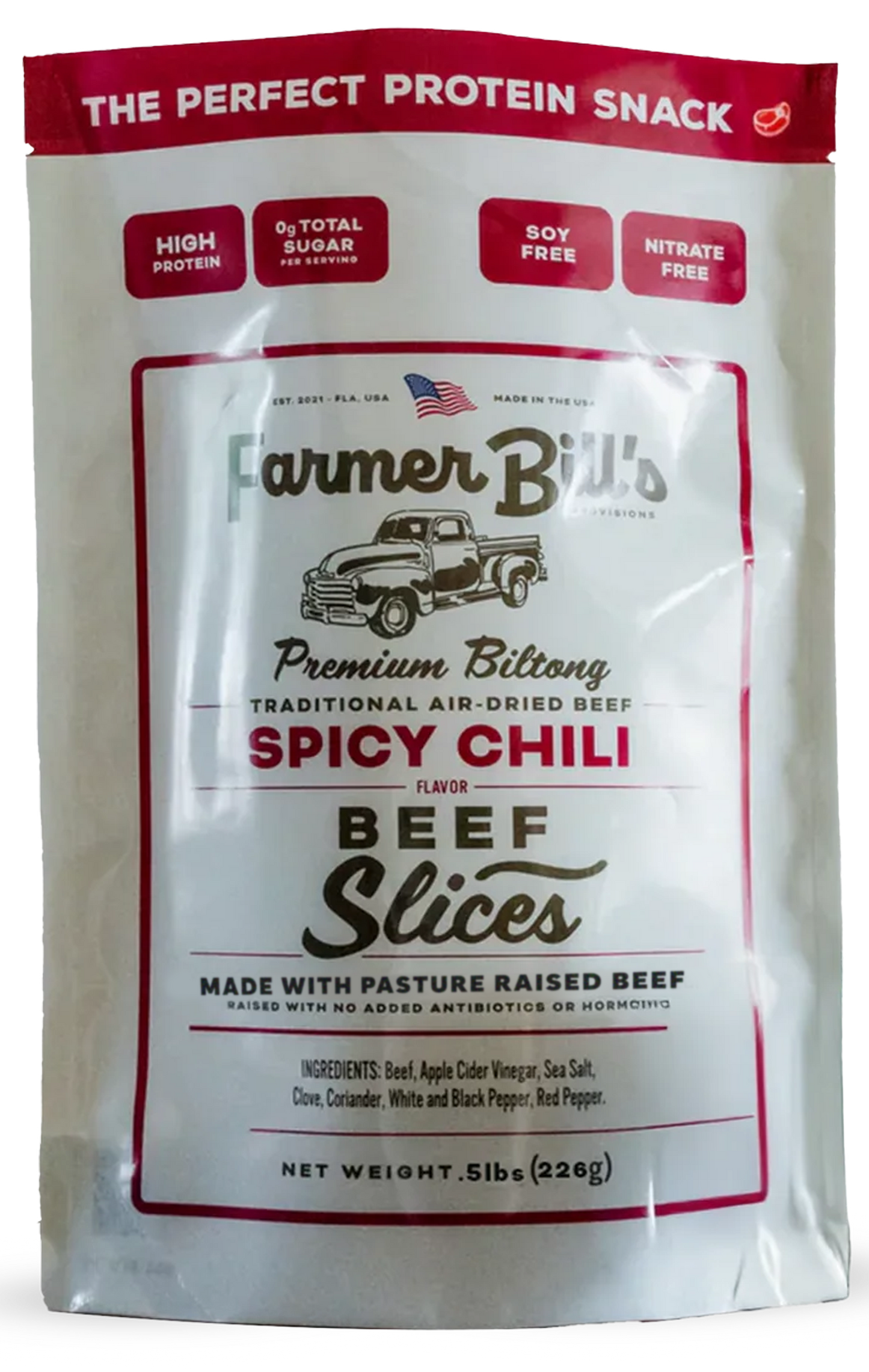 Farmer Bill's Spicy Chili Beef Slices package front showing premium biltong branding and ingredients.