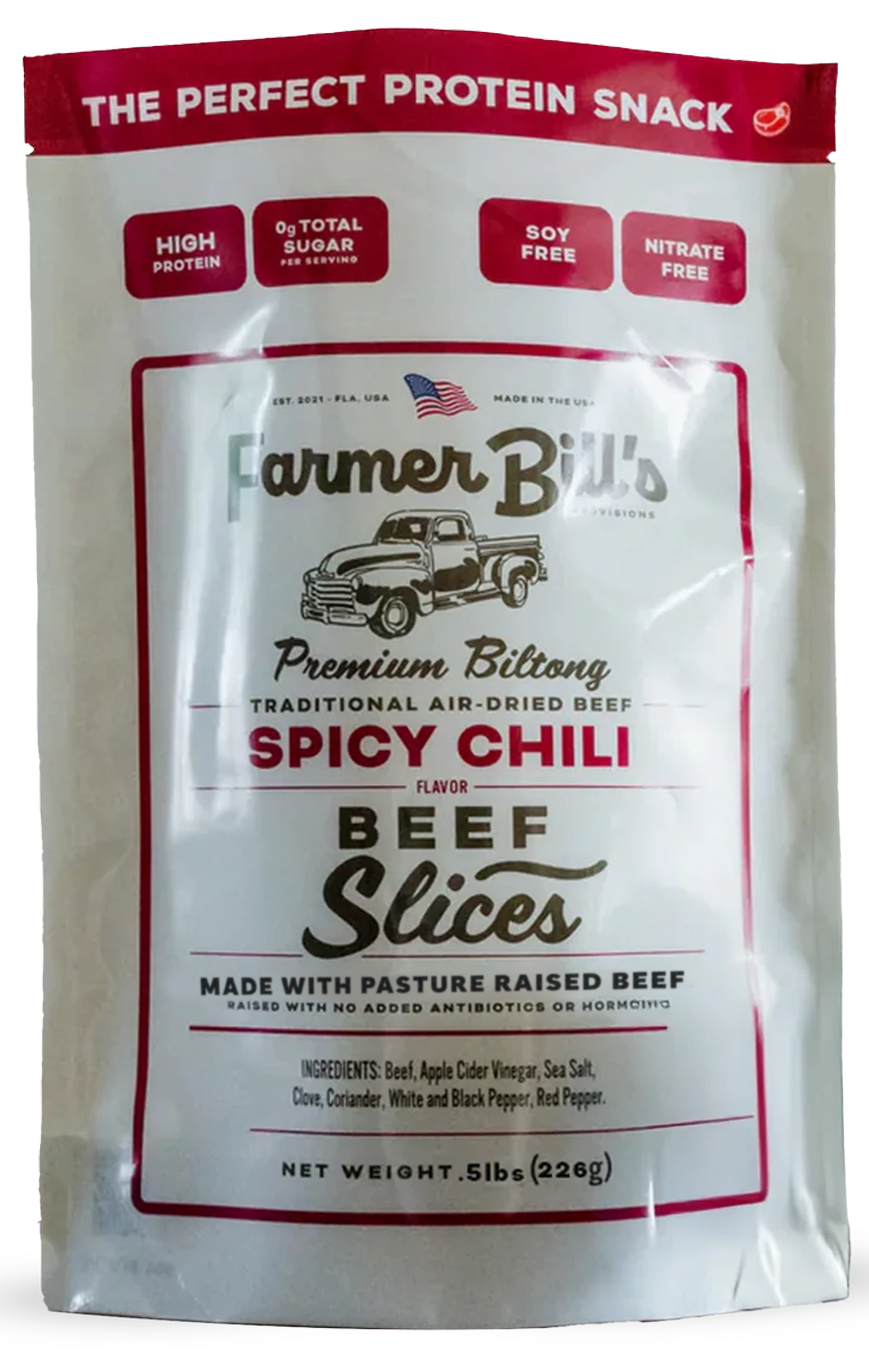 Farmer Bill's Spicy Chili Beef Slices package front showing premium biltong branding and ingredients.