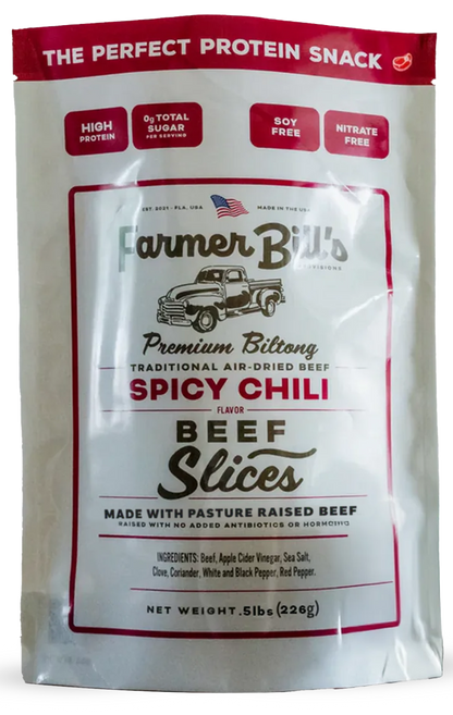 Farmer Bill's Spicy Chili Beef Slices package front showing premium biltong branding and ingredients.