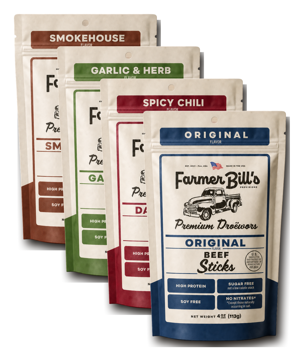 Variety Beef Stick Pack: all four flavors side by side